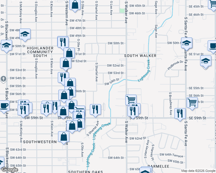 map of restaurants, bars, coffee shops, grocery stores, and more near 611 Southwest 54th Street in Oklahoma City