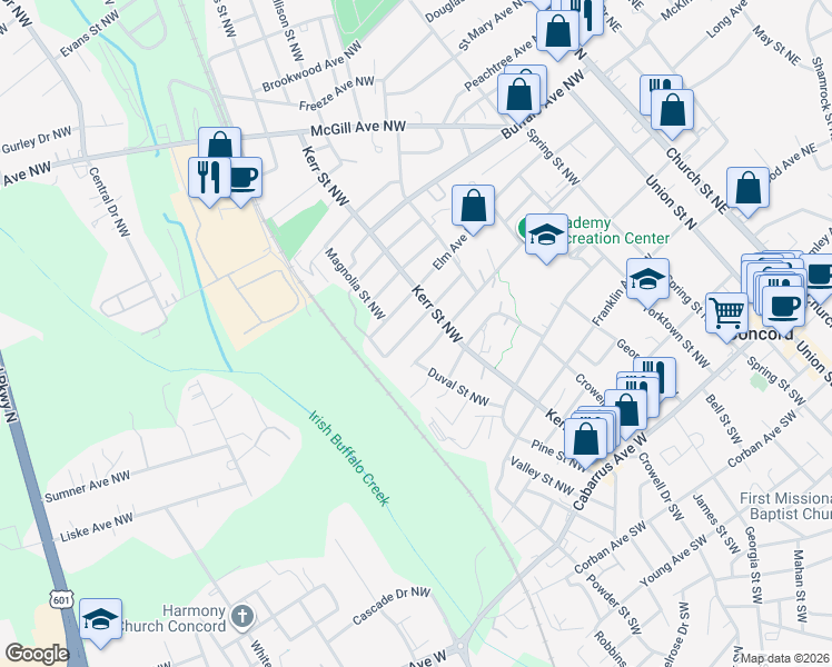 map of restaurants, bars, coffee shops, grocery stores, and more near 265 Odell Drive Northwest in Concord