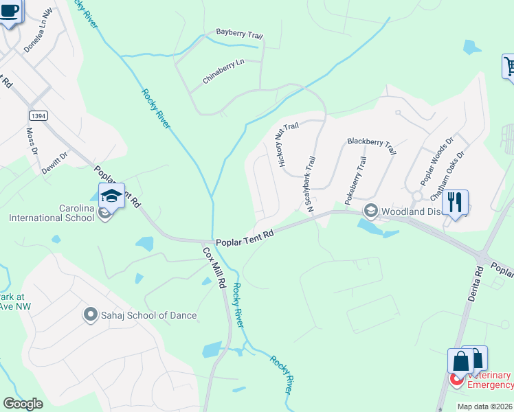 map of restaurants, bars, coffee shops, grocery stores, and more near 9024 Treetop Way NW in Concord