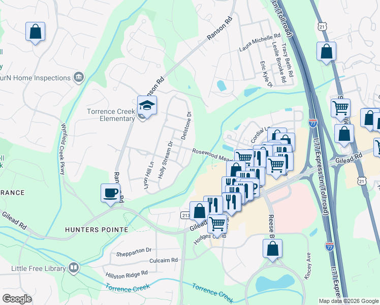 map of restaurants, bars, coffee shops, grocery stores, and more near in Huntersville