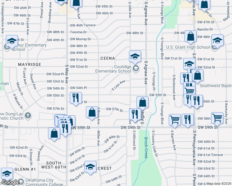 map of restaurants, bars, coffee shops, grocery stores, and more near 2528 Southwest 54th Street in Oklahoma City
