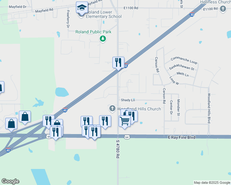 map of restaurants, bars, coffee shops, grocery stores, and more near 702 South Roland Road in Roland