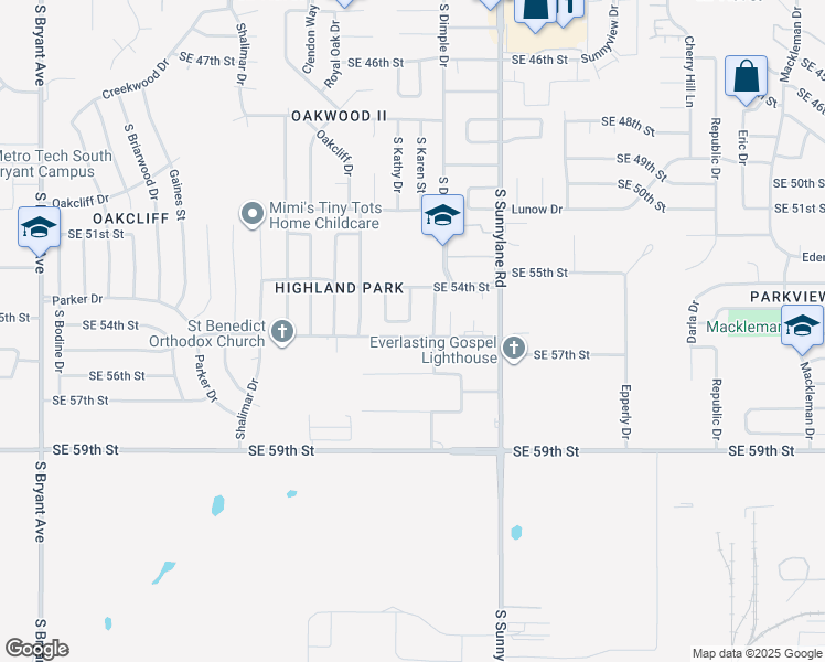 map of restaurants, bars, coffee shops, grocery stores, and more near 5520 South Karen Street in Oklahoma City