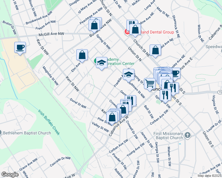 map of restaurants, bars, coffee shops, grocery stores, and more near 150 Franklin Avenue Northwest in Concord