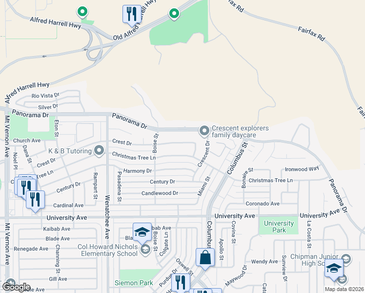 map of restaurants, bars, coffee shops, grocery stores, and more near 3708 Crest Drive in Bakersfield