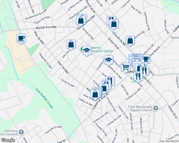 map of restaurants, bars, coffee shops, grocery stores, and more near 146 Franklin Avenue Northwest in Concord
