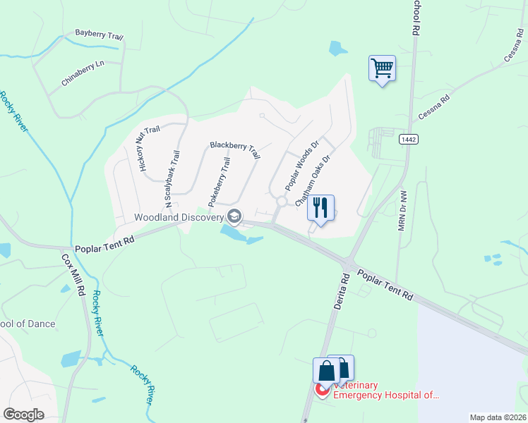 map of restaurants, bars, coffee shops, grocery stores, and more near 8572 Forest Point Road Northwest in Concord