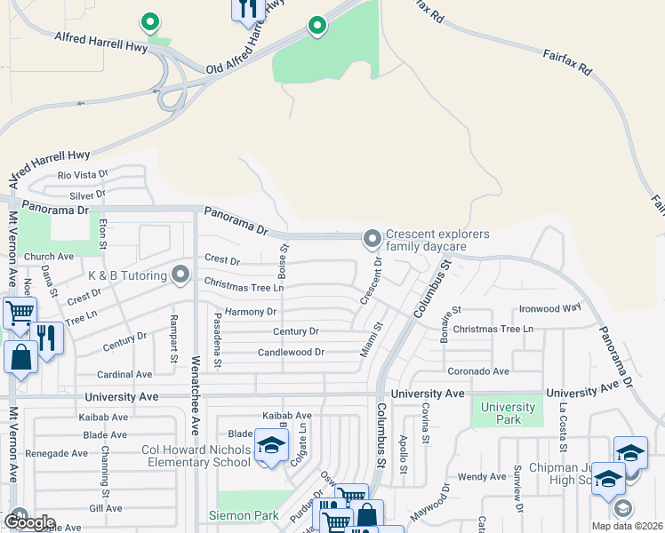 map of restaurants, bars, coffee shops, grocery stores, and more near 3708 Crest Drive in Bakersfield