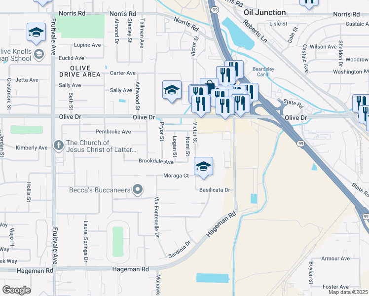 map of restaurants, bars, coffee shops, grocery stores, and more near 5700 Nomi Street in Bakersfield