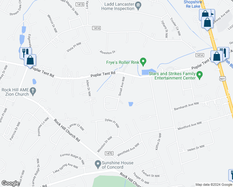 map of restaurants, bars, coffee shops, grocery stores, and more near 324 Small Avenue Northwest in Concord