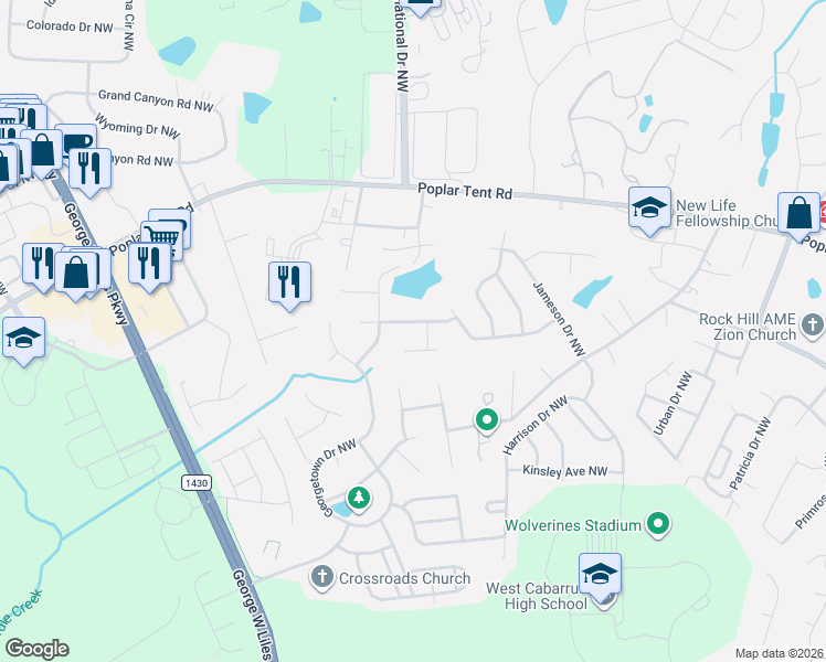 map of restaurants, bars, coffee shops, grocery stores, and more near 664 Summerford Court Northwest in Concord