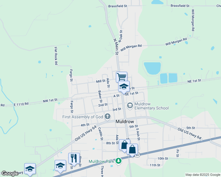 map of restaurants, bars, coffee shops, grocery stores, and more near 105 Ada Street in Muldrow