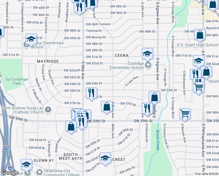 map of restaurants, bars, coffee shops, grocery stores, and more near 2704 Southwest 54th Place in Oklahoma City