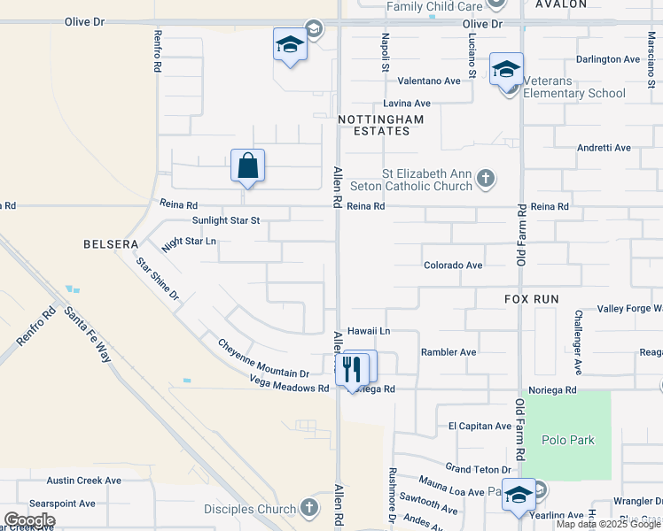 map of restaurants, bars, coffee shops, grocery stores, and more near 5516 Cherry Creek Lane in Bakersfield