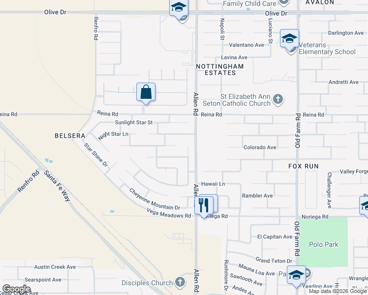 map of restaurants, bars, coffee shops, grocery stores, and more near 5517 Cherry Creek Lane in Bakersfield