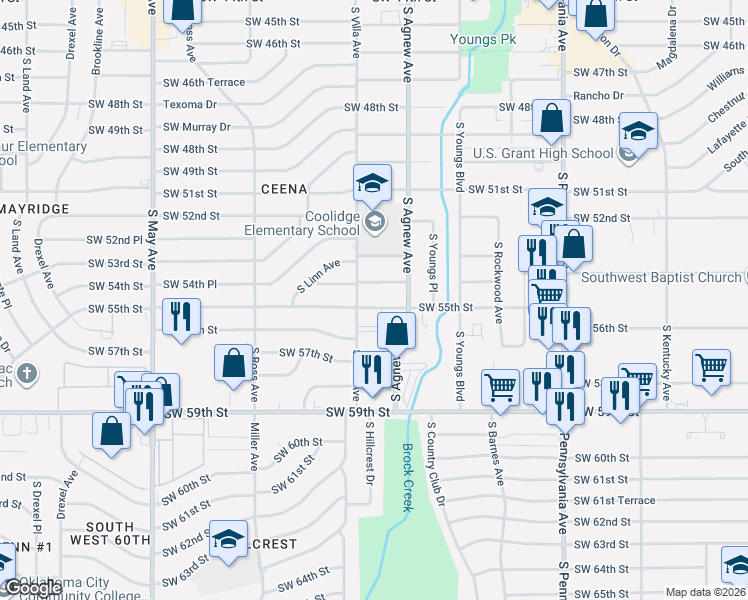 map of restaurants, bars, coffee shops, grocery stores, and more near 2416 Southwest 54th Street in Oklahoma City