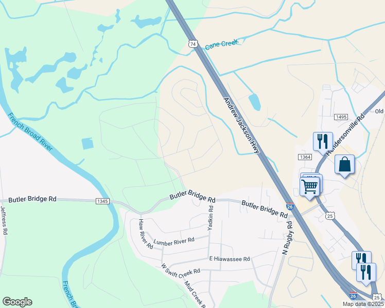 map of restaurants, bars, coffee shops, grocery stores, and more near 296 Tap Root Lane in Fletcher
