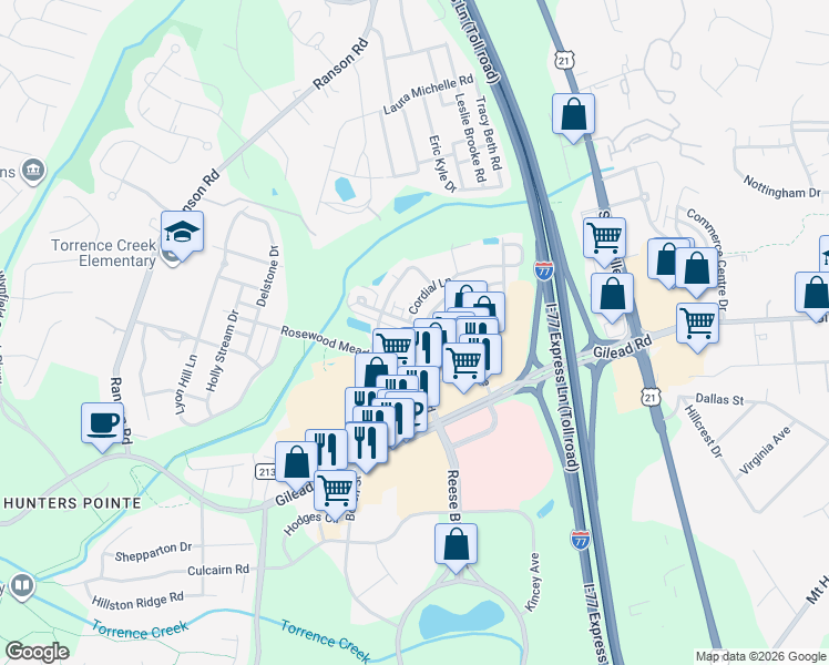 map of restaurants, bars, coffee shops, grocery stores, and more near 14425 Reese Boulevard in Huntersville