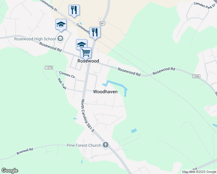 map of restaurants, bars, coffee shops, grocery stores, and more near 204 Woodhaven Drive in Goldsboro