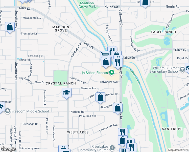 map of restaurants, bars, coffee shops, grocery stores, and more near 10103 Roehampton Avenue in Bakersfield