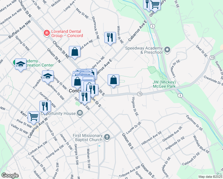 map of restaurants, bars, coffee shops, grocery stores, and more near 77 McCachern Boulevard Southeast in Concord