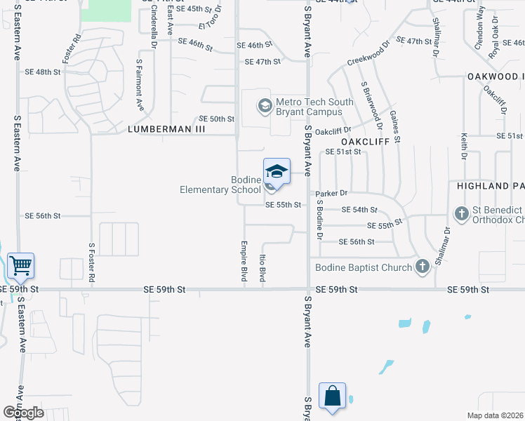 map of restaurants, bars, coffee shops, grocery stores, and more near 2810 Southeast 55th Street in Oklahoma City