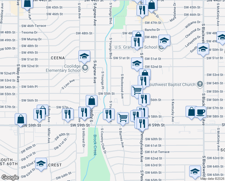 map of restaurants, bars, coffee shops, grocery stores, and more near 5511 South Youngs Boulevard in Oklahoma City