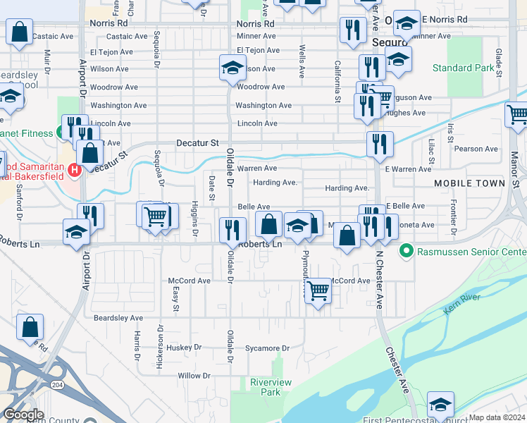 map of restaurants, bars, coffee shops, grocery stores, and more near 327 Belle Avenue in Bakersfield