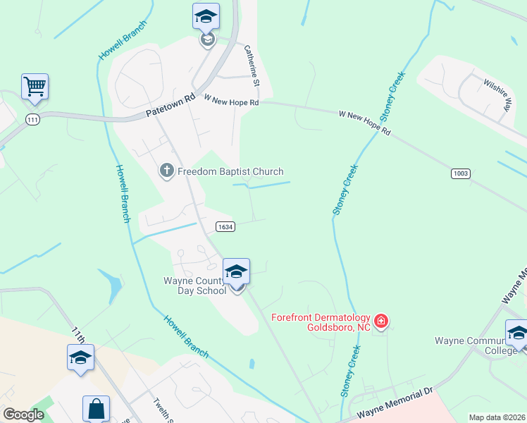 map of restaurants, bars, coffee shops, grocery stores, and more near State Road 1634 in Goldsboro