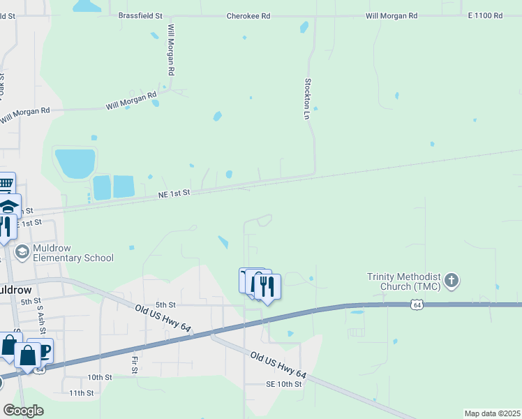 map of restaurants, bars, coffee shops, grocery stores, and more near Wilson Rock Road in Muldrow
