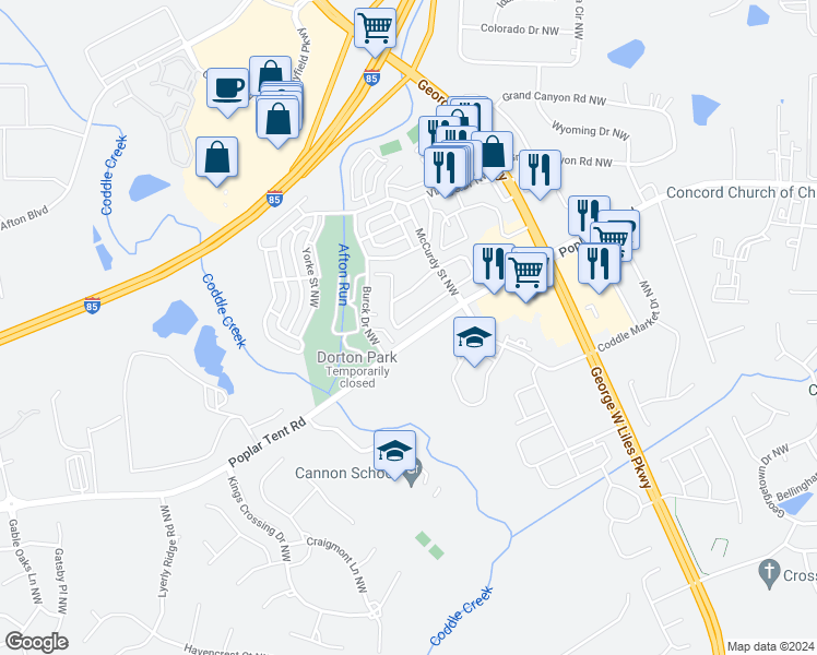 map of restaurants, bars, coffee shops, grocery stores, and more near 5557 Lemley Road Northwest in Concord