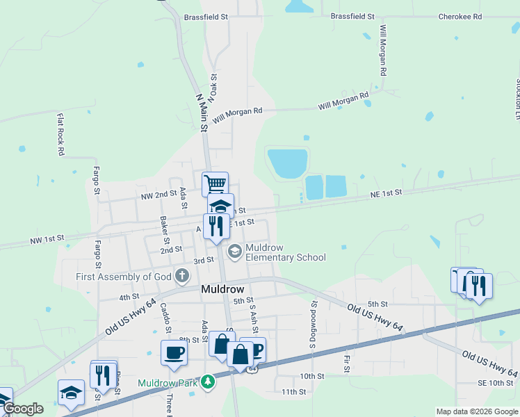 map of restaurants, bars, coffee shops, grocery stores, and more near 303 Northeast 1st Street in Muldrow