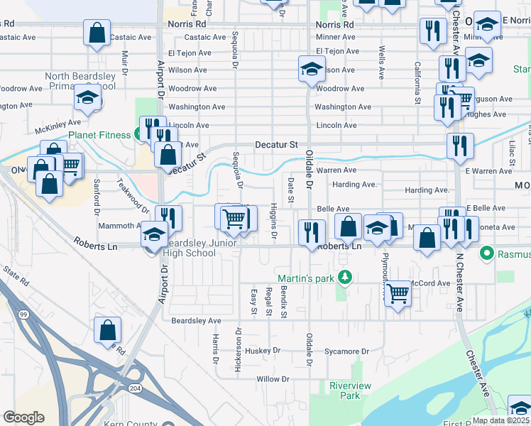 map of restaurants, bars, coffee shops, grocery stores, and more near 415 Higgins Drive in Bakersfield