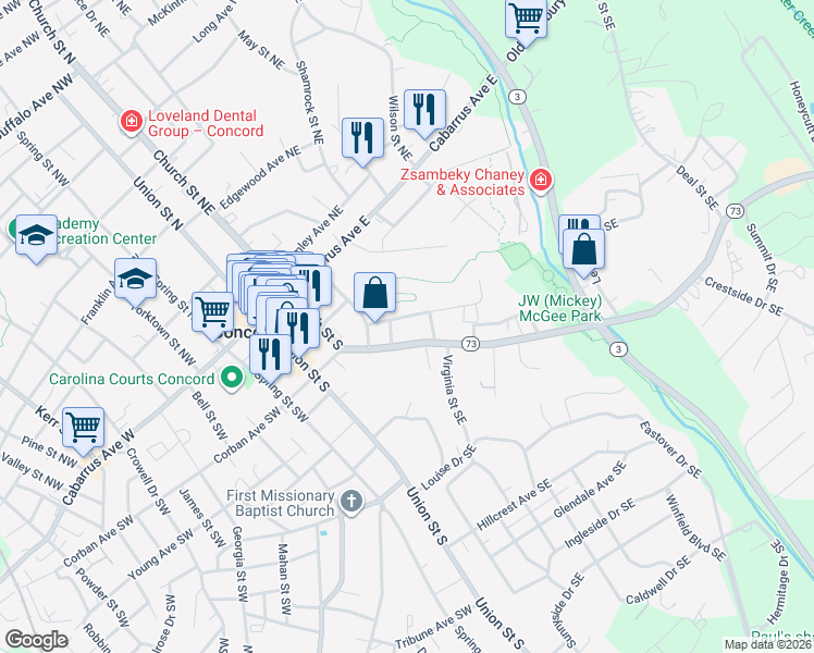 map of restaurants, bars, coffee shops, grocery stores, and more near 100 Wilkinson Court Southeast in Concord