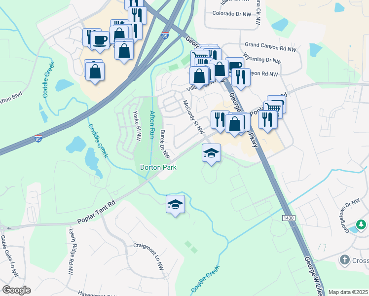 map of restaurants, bars, coffee shops, grocery stores, and more near 5553 Lemley Road Northwest in Concord