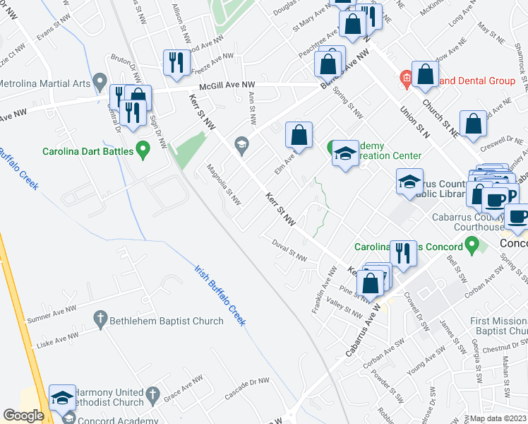 map of restaurants, bars, coffee shops, grocery stores, and more near 273 Odell Drive Northwest in Concord