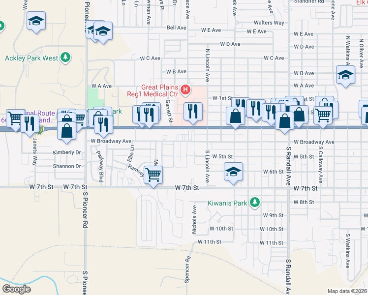 map of restaurants, bars, coffee shops, grocery stores, and more near 104 Brian Road in Elk City