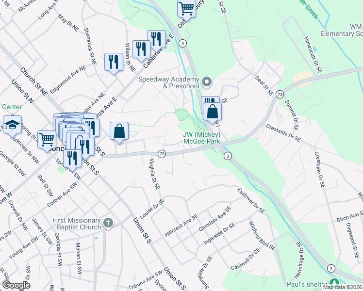 map of restaurants, bars, coffee shops, grocery stores, and more near 188 Rosehaven Court Southeast in Concord