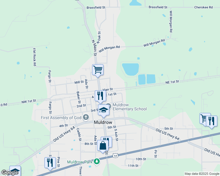 map of restaurants, bars, coffee shops, grocery stores, and more near 103 North Ash Street in Muldrow
