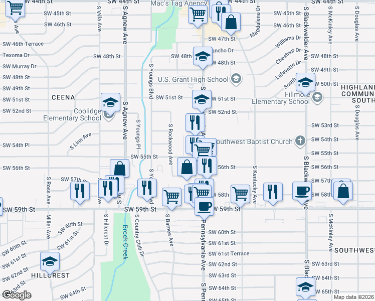 map of restaurants, bars, coffee shops, grocery stores, and more near 5504 South Barnes Avenue in Oklahoma City