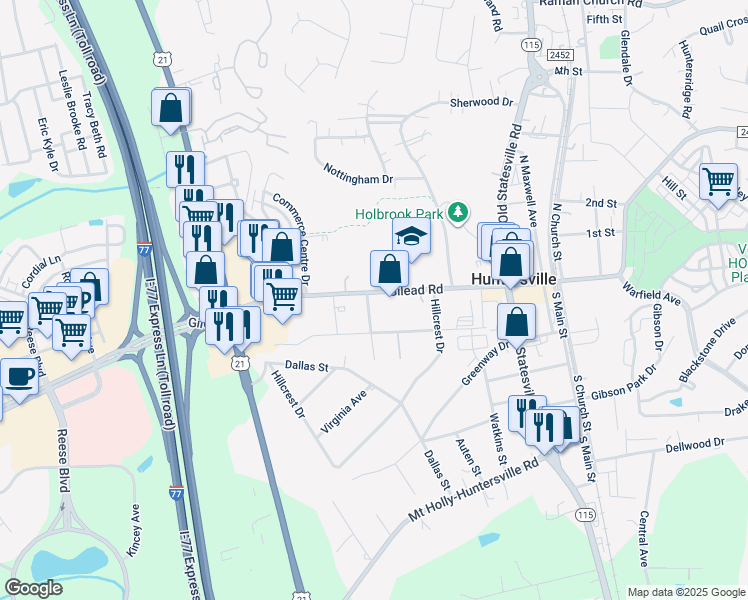 map of restaurants, bars, coffee shops, grocery stores, and more near 223 Gilead Road in Huntersville