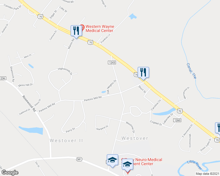 map of restaurants, bars, coffee shops, grocery stores, and more near 137 Oak Heights Drive in Goldsboro