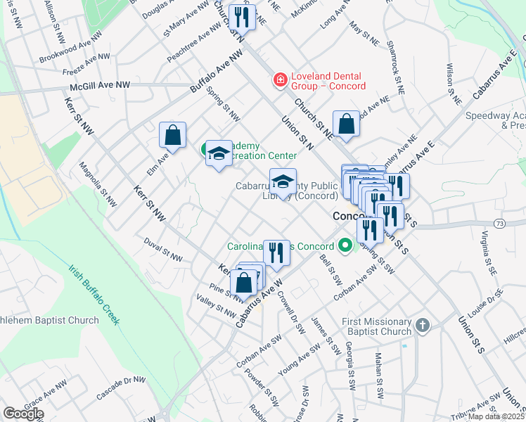 map of restaurants, bars, coffee shops, grocery stores, and more near 94 Georgia Street Southwest in Concord