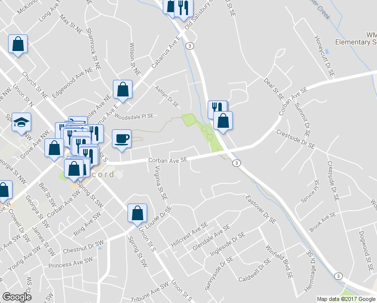 map of restaurants, bars, coffee shops, grocery stores, and more near 188 Rosehaven Court Southeast in Concord