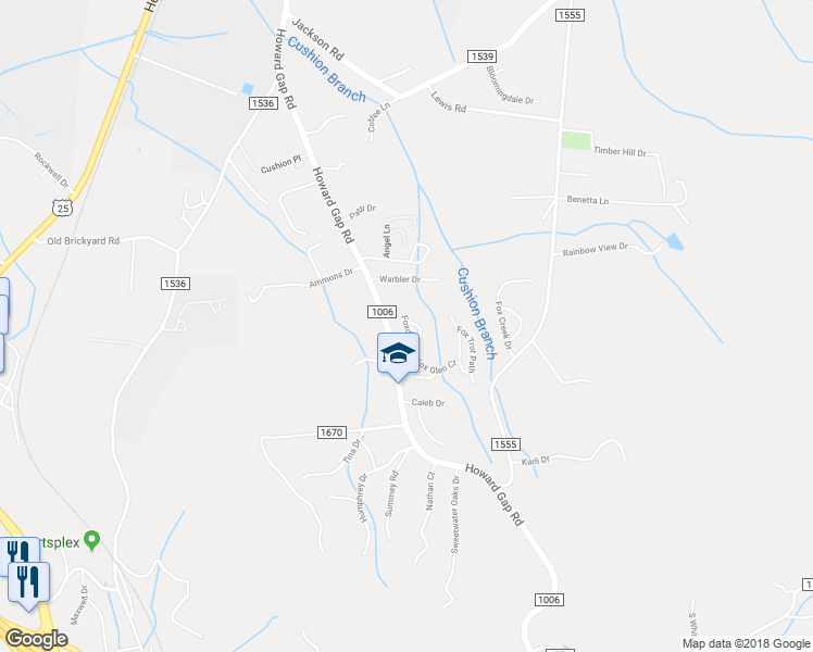 map of restaurants, bars, coffee shops, grocery stores, and more near 101 Foxden Drive in Fletcher