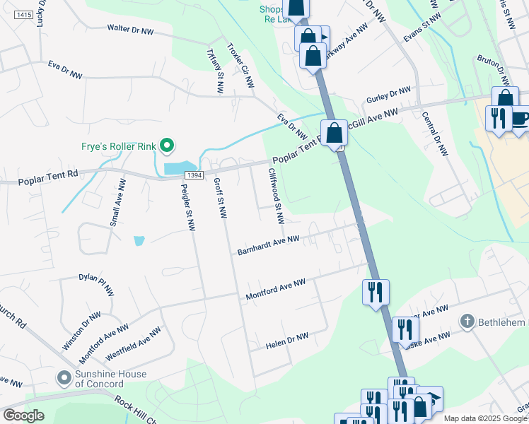 map of restaurants, bars, coffee shops, grocery stores, and more near 355 Raleigh Street Northwest in Concord
