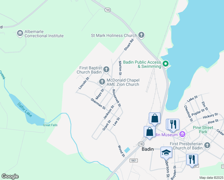 map of restaurants, bars, coffee shops, grocery stores, and more near 697 Roosevelt Street in Badin