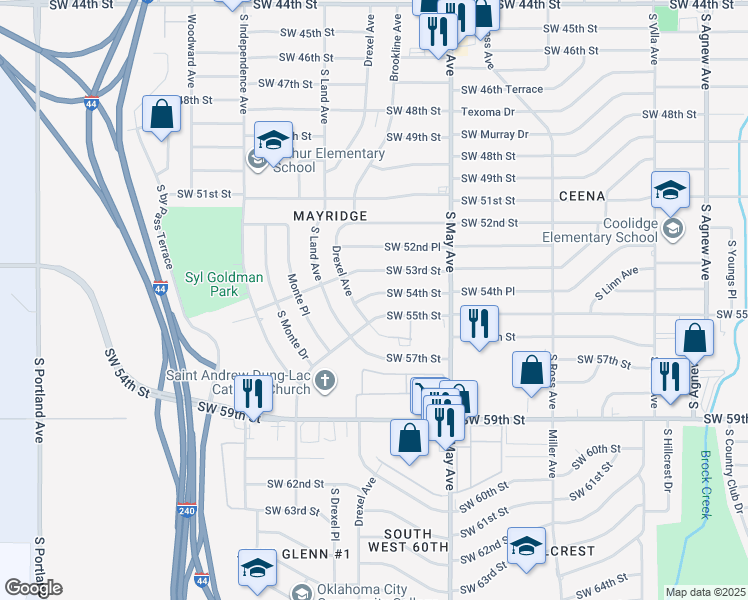 map of restaurants, bars, coffee shops, grocery stores, and more near 3014 Southwest 54th Street in Oklahoma City