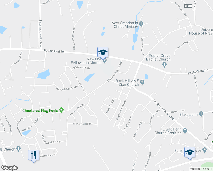 map of restaurants, bars, coffee shops, grocery stores, and more near 423 Old Speedway Drive Northwest in Concord
