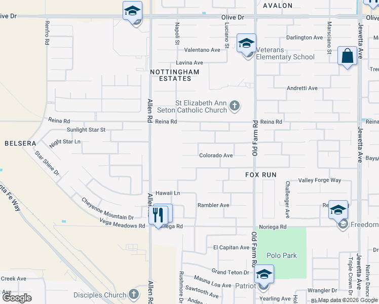 map of restaurants, bars, coffee shops, grocery stores, and more near 12510 Colorado Avenue in Bakersfield